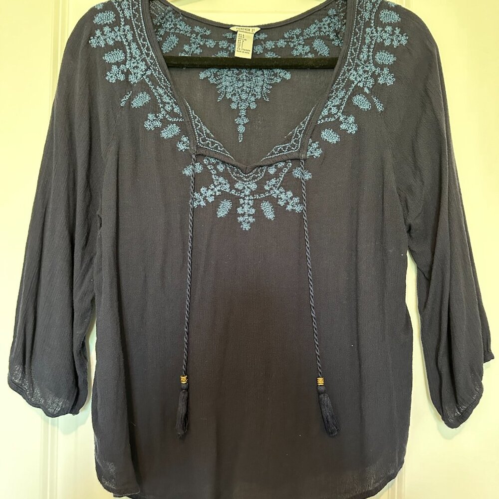 Forever 21 Women's Bohemian Embroidered 3/4 Sleeve Top - Size Large